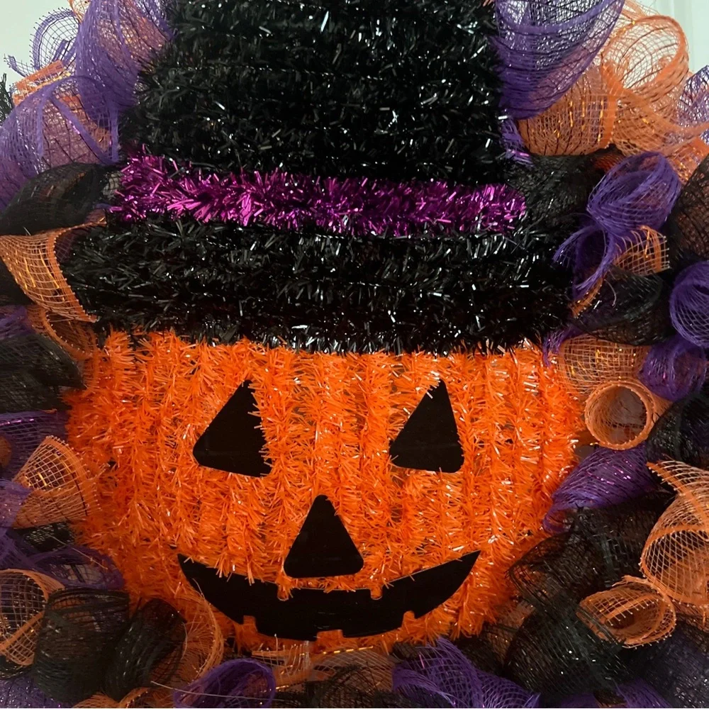 Homemade Halloween Pumpkin Decorative Mesh Purple, Orange and Black wreath